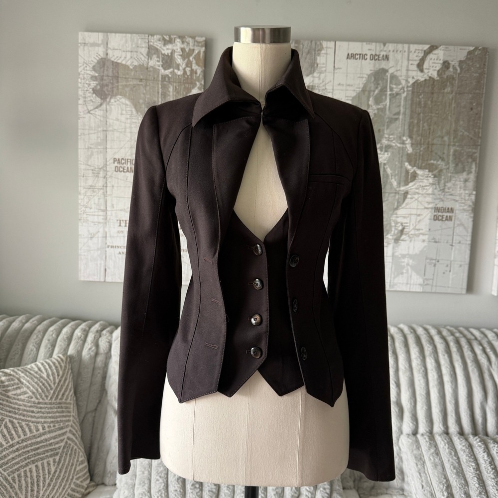 Patrizia Pepe Firenze Brown Wool Vest Layered Blazer Jacket IT 40 Made in Italy